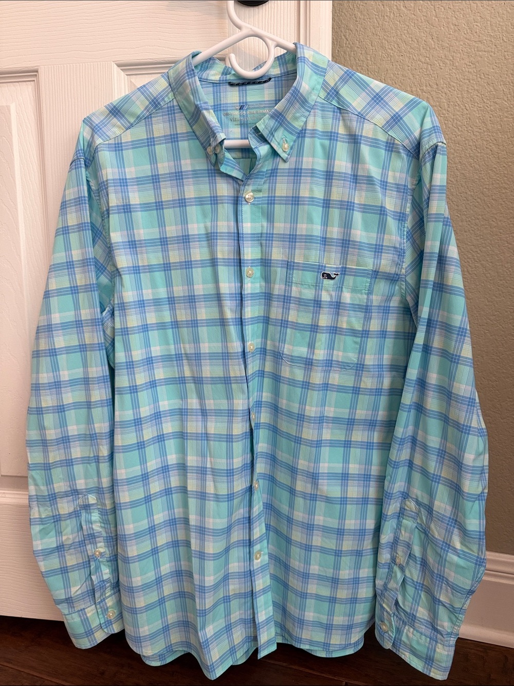 Vineyard Vines On The Go Performance Light Teal and Blue Plaid Button-Down Shirt